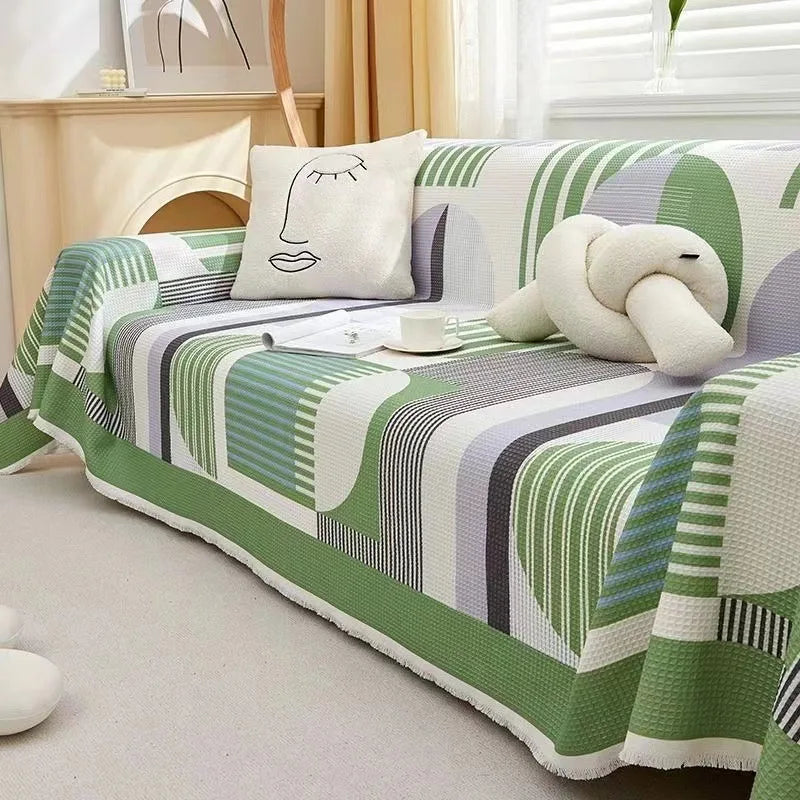 Jeté de Canapé Géode Vert Sauge Géométrique | Housse Moderne