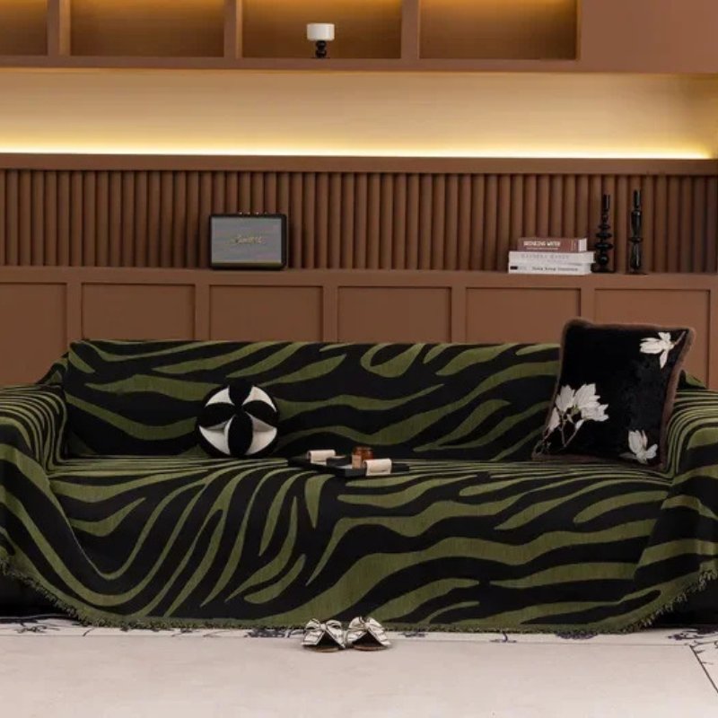 Jeté de Canapé Safari Noir et Vert Kaki | Housse Moderne