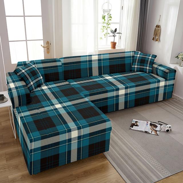 Housse de Canapé d&#39;Angle Imprimé Tartan Bleu | Housse Moderne