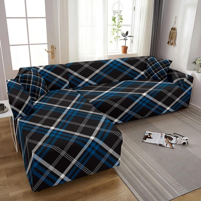 Housse de Canapé d&#39;Angle Imprimé Tartan Bleu Nuit | Housse Moderne